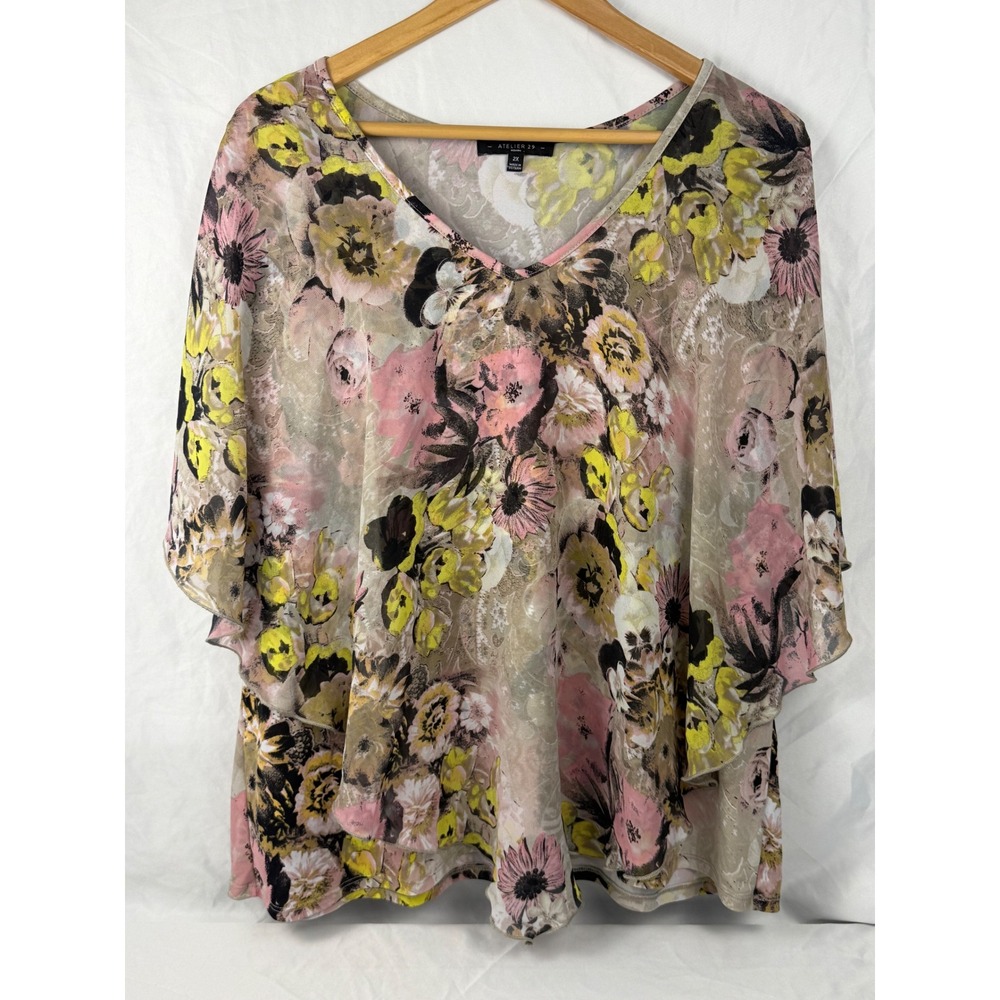Atelier 29 Woman Floral Tiered V-Neck Blouse‎ Pink Yellow Tan 2X 111127XHA